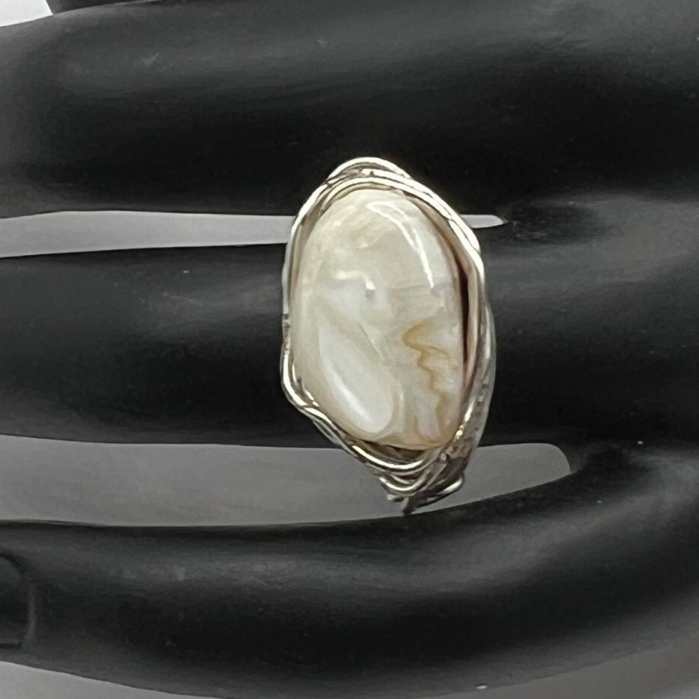 Artisan Silver Tone Wrap‎ Ring White Stone Hand Made Size 6